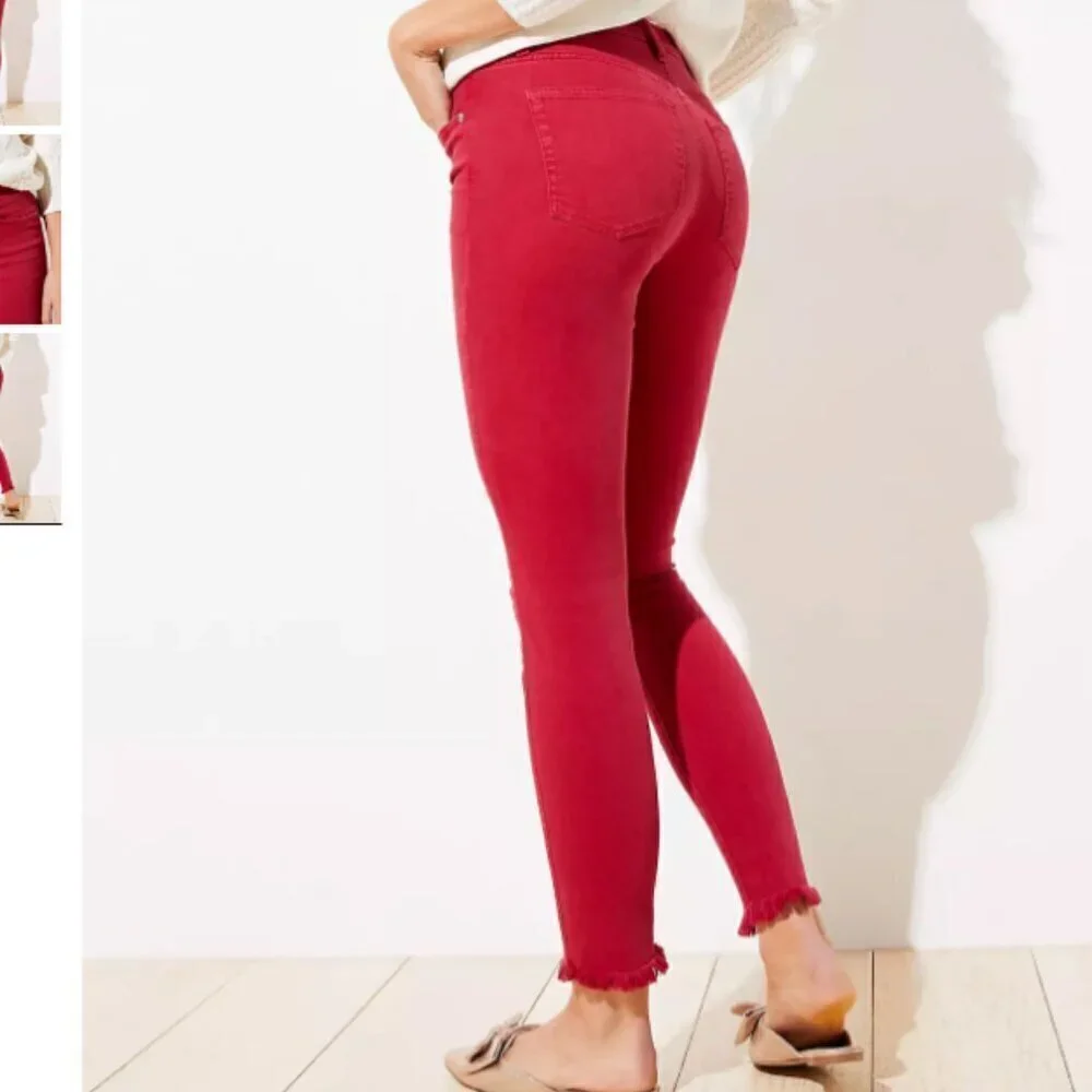 LOFT Red Frayed High Rise Skinny Crop Jeans Size 4